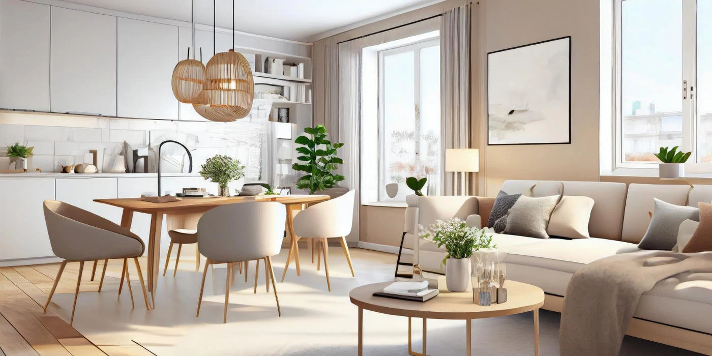 Jasny salon z otwartą kuchnią w stylu skandynawskim, Meble Mibu Gdańsk